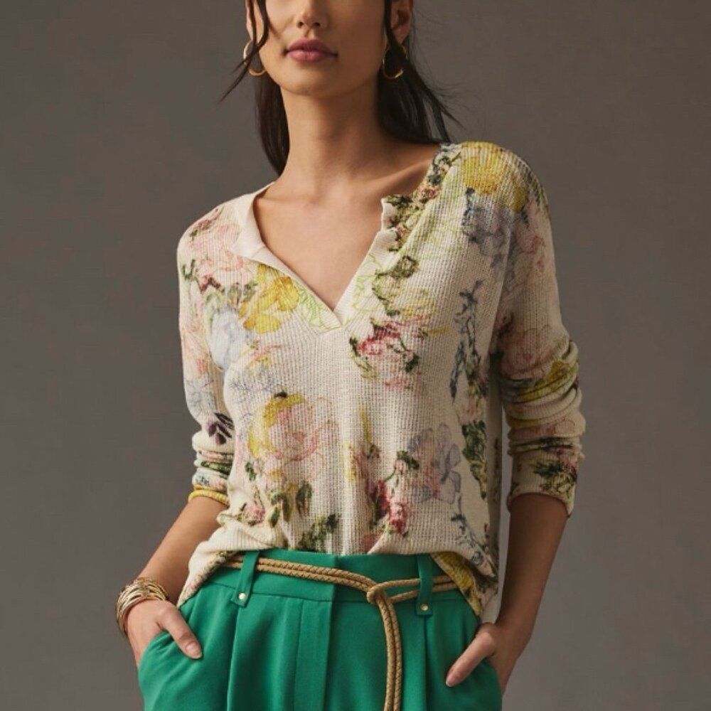 Anthropologie Printed V‑Neck Sweater XXS Floral Oversized Knit Long Sleeve Top